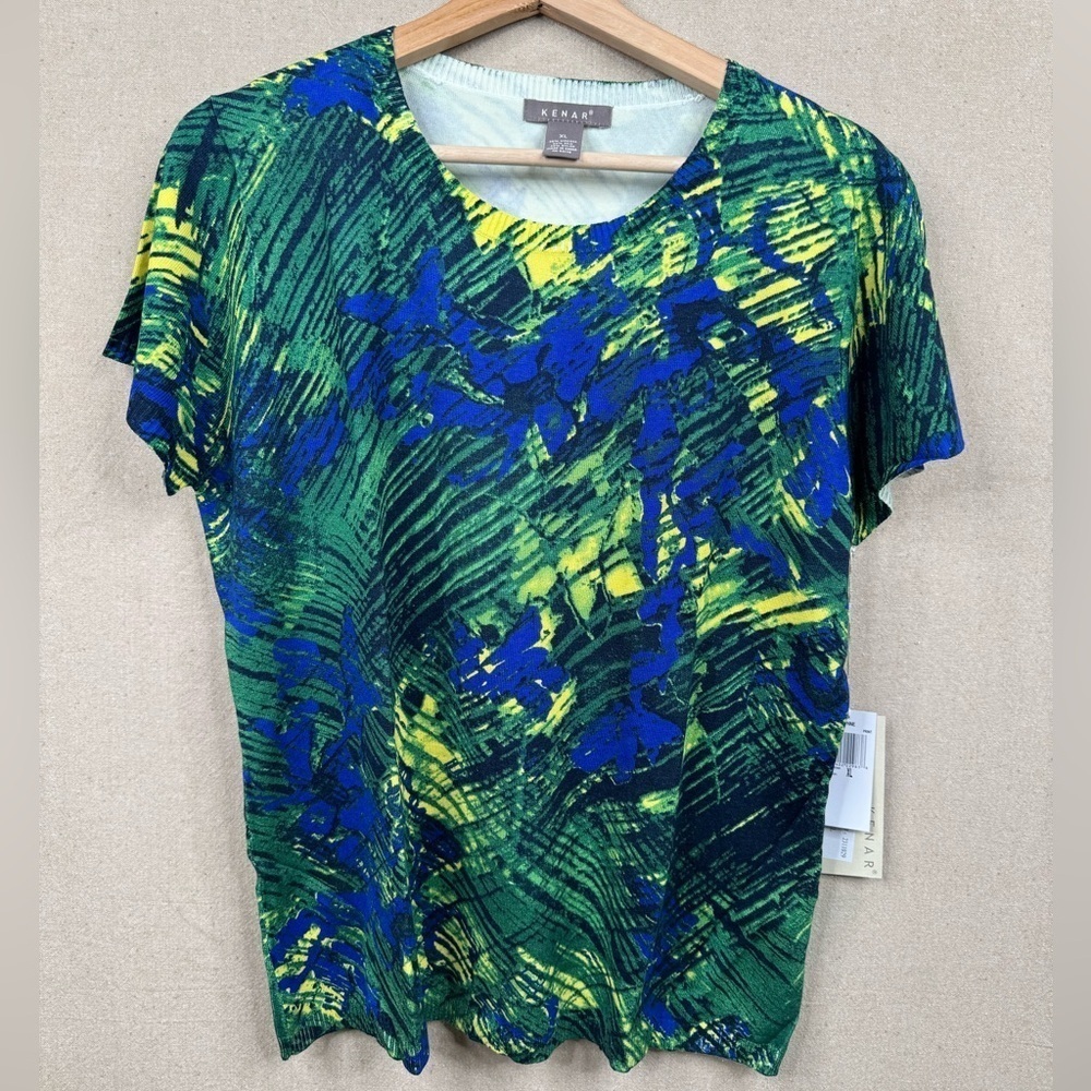 KENAR Blue Green Silk Blend Daphne Knit Top Sz XL Multicolor Print Short Sleeve